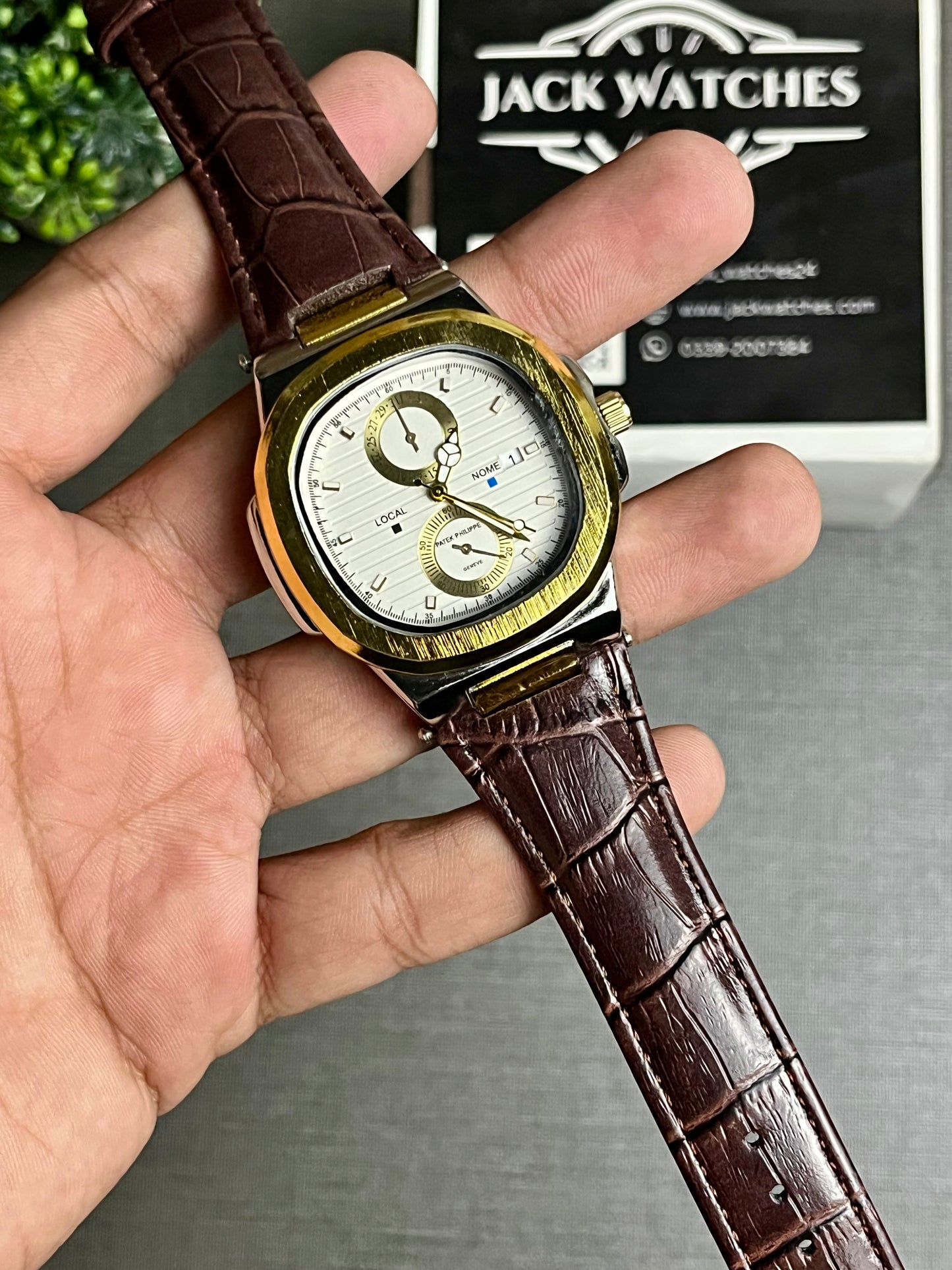 Nautilus Style Leather Strap Watch