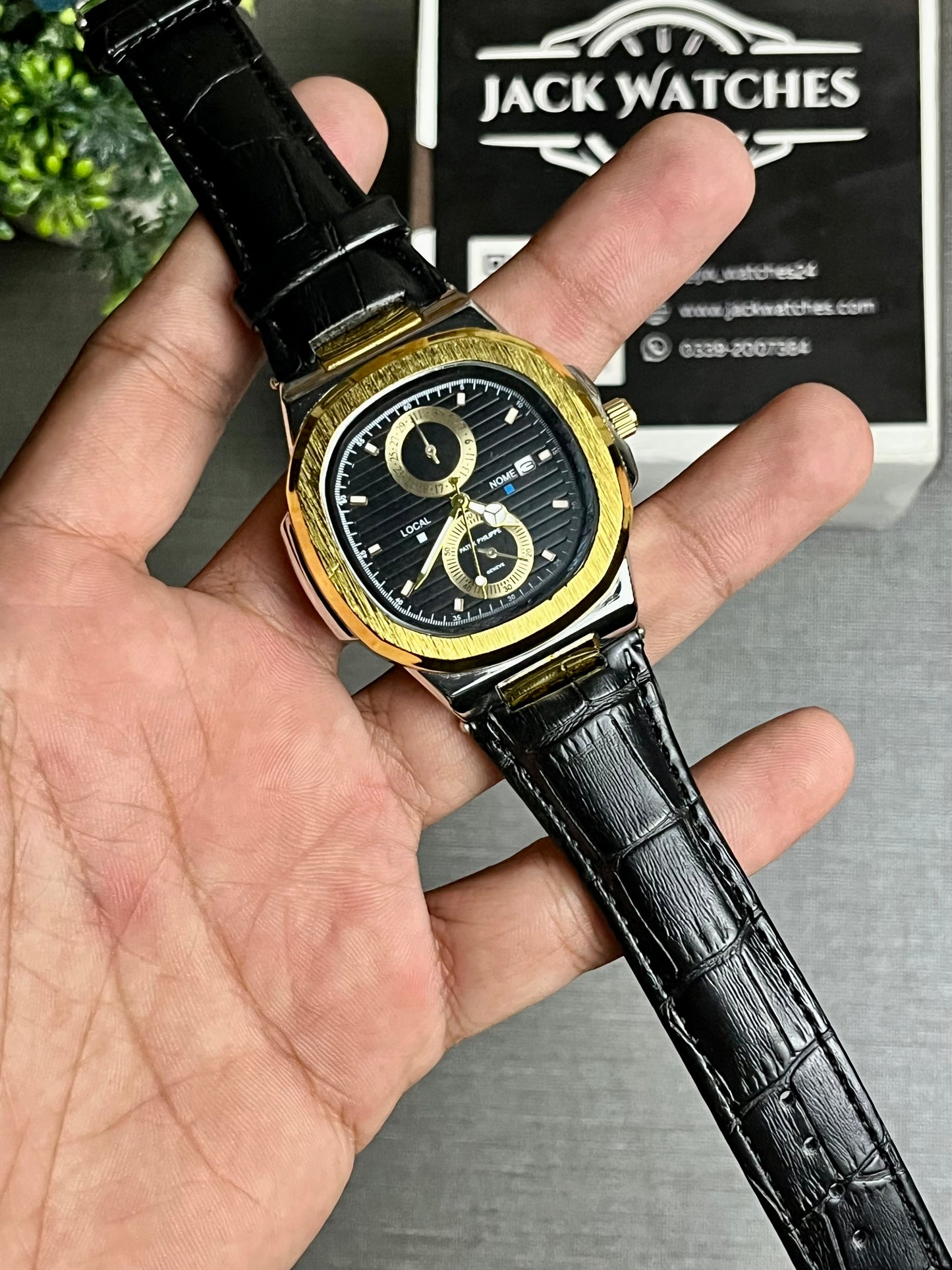 Nautilus Style Leather Strap Watch