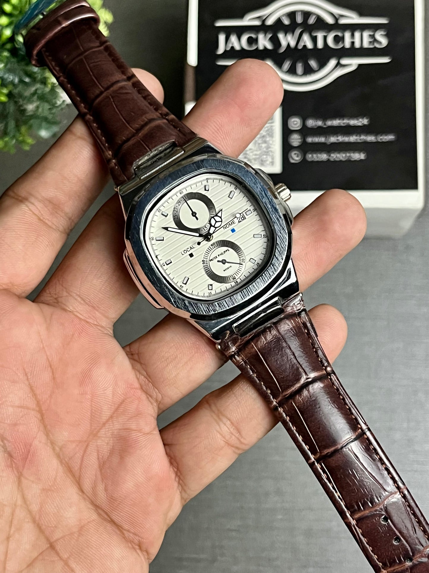 Nautilus Style Leather Strap Watch