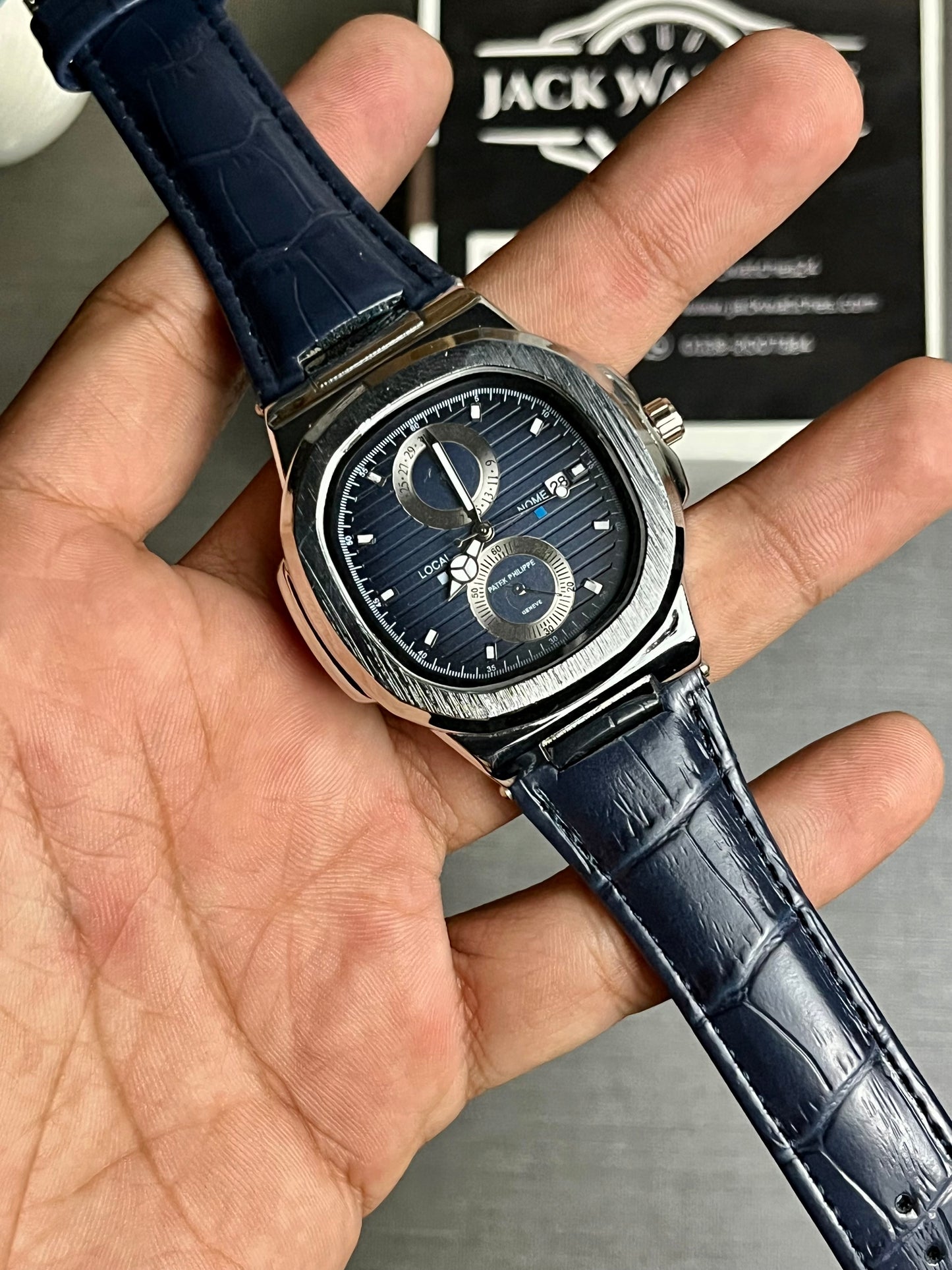 Nautilus Style Leather Strap Watch