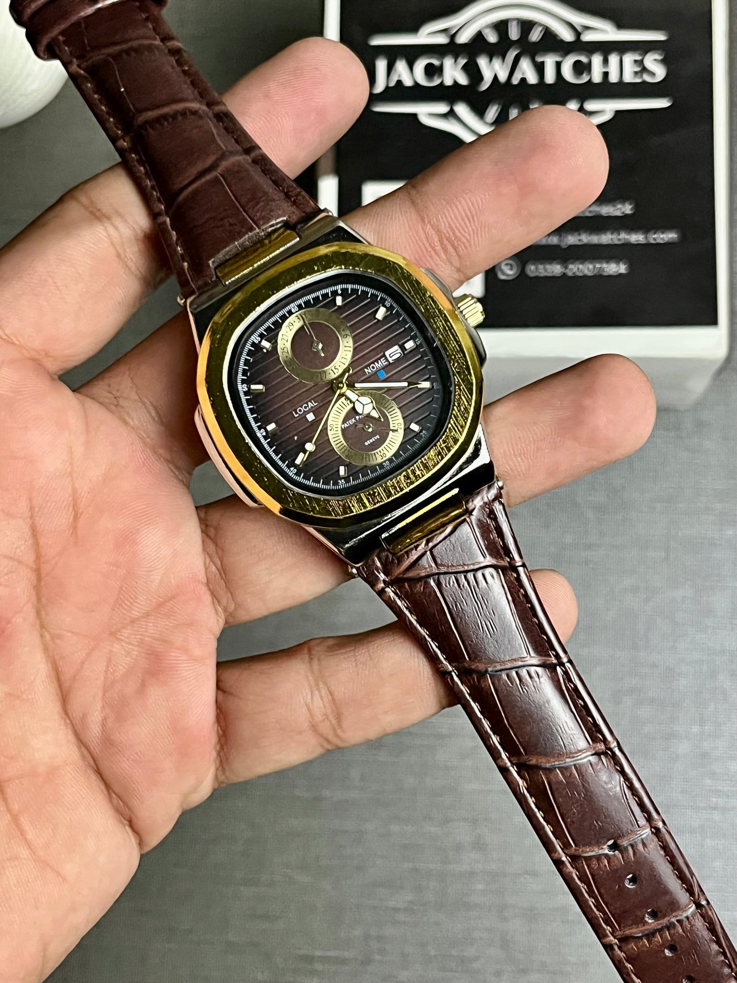 Nautilus Style Leather Strap Watch