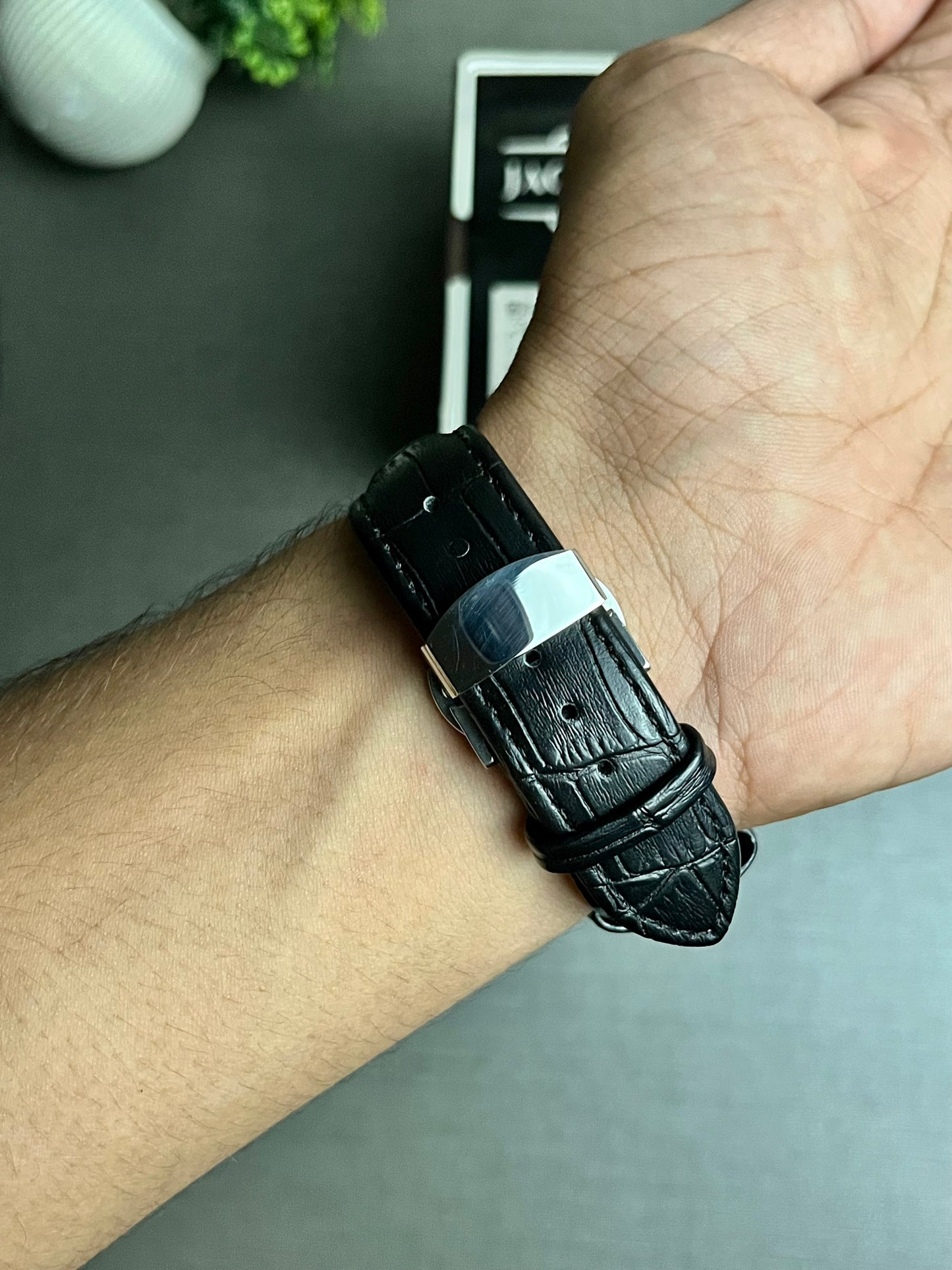 Nautilus Style Leather Strap Watch