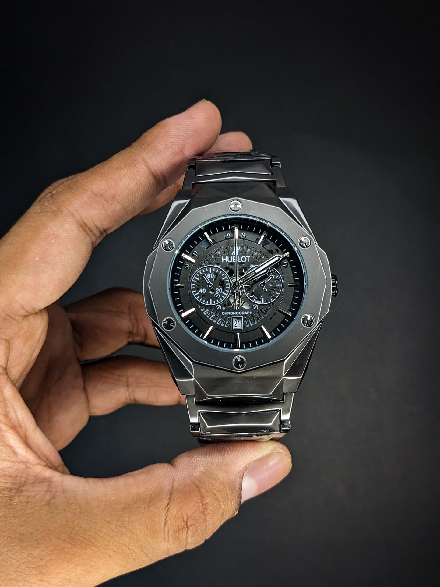 HB Diamond Cut Watch Black