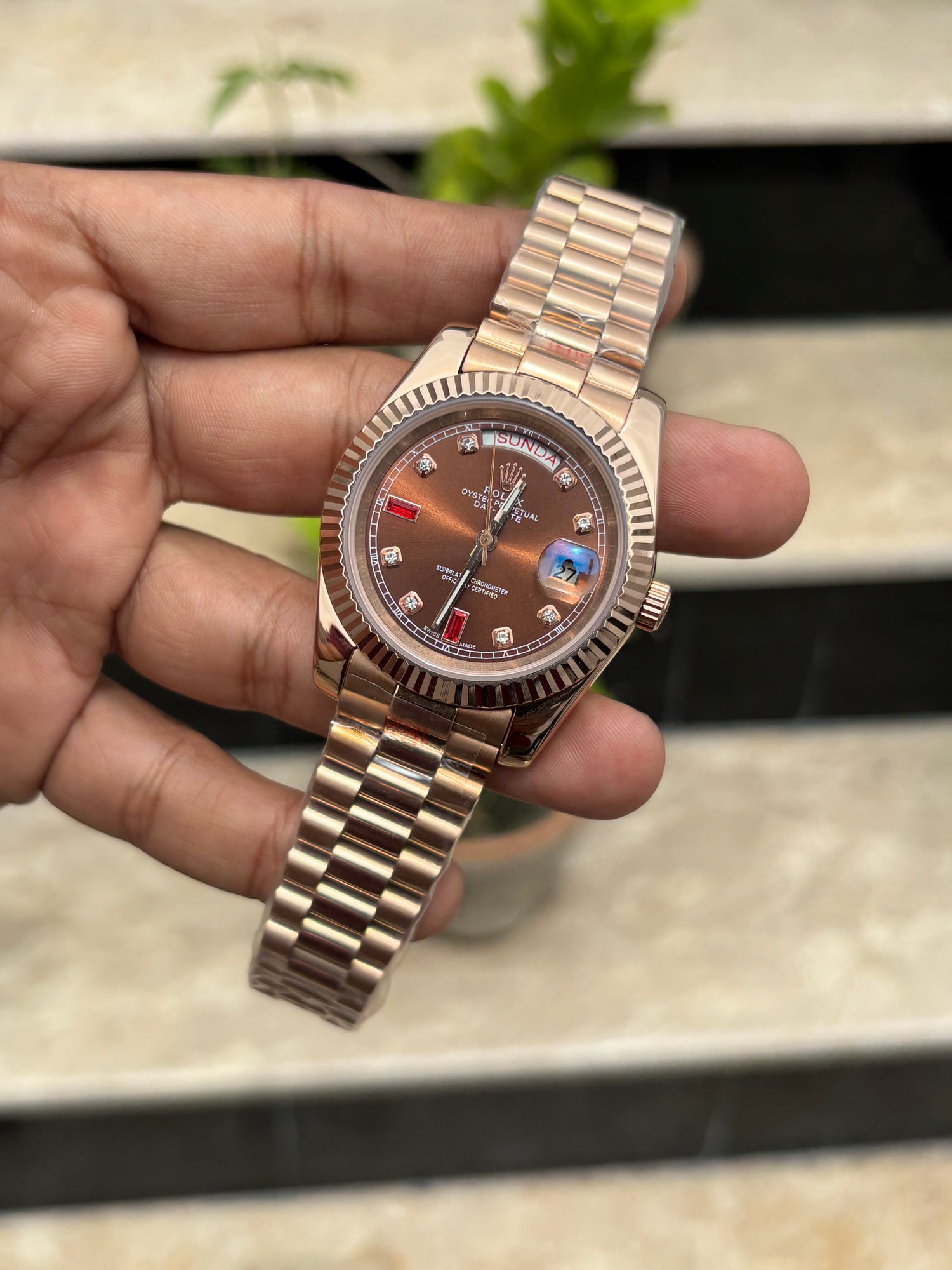 RLX Day-Date Automatic Rose Gold - Chocolate Diamond Dial