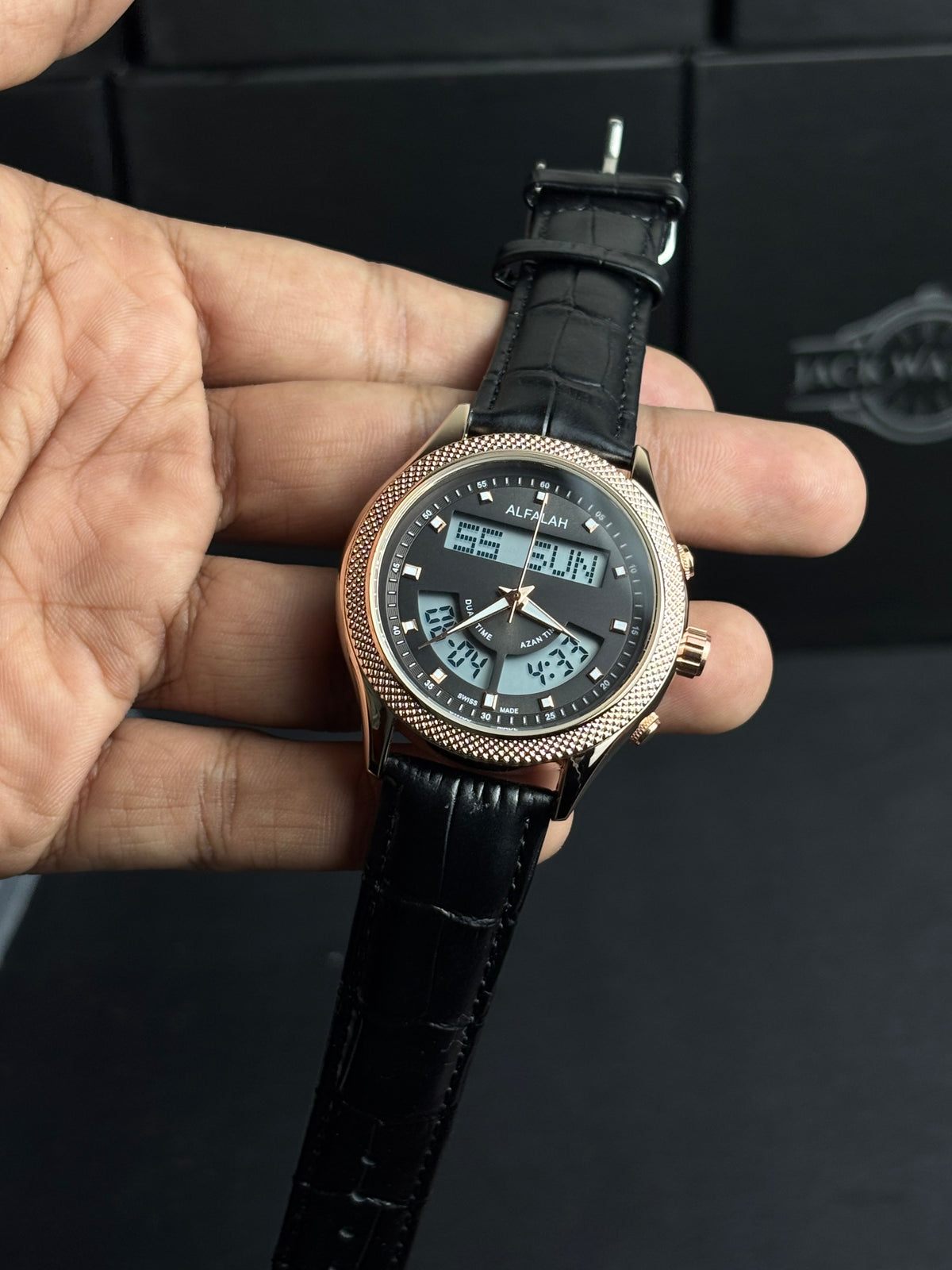 Al Falah Dual Time Leather Strap Watch