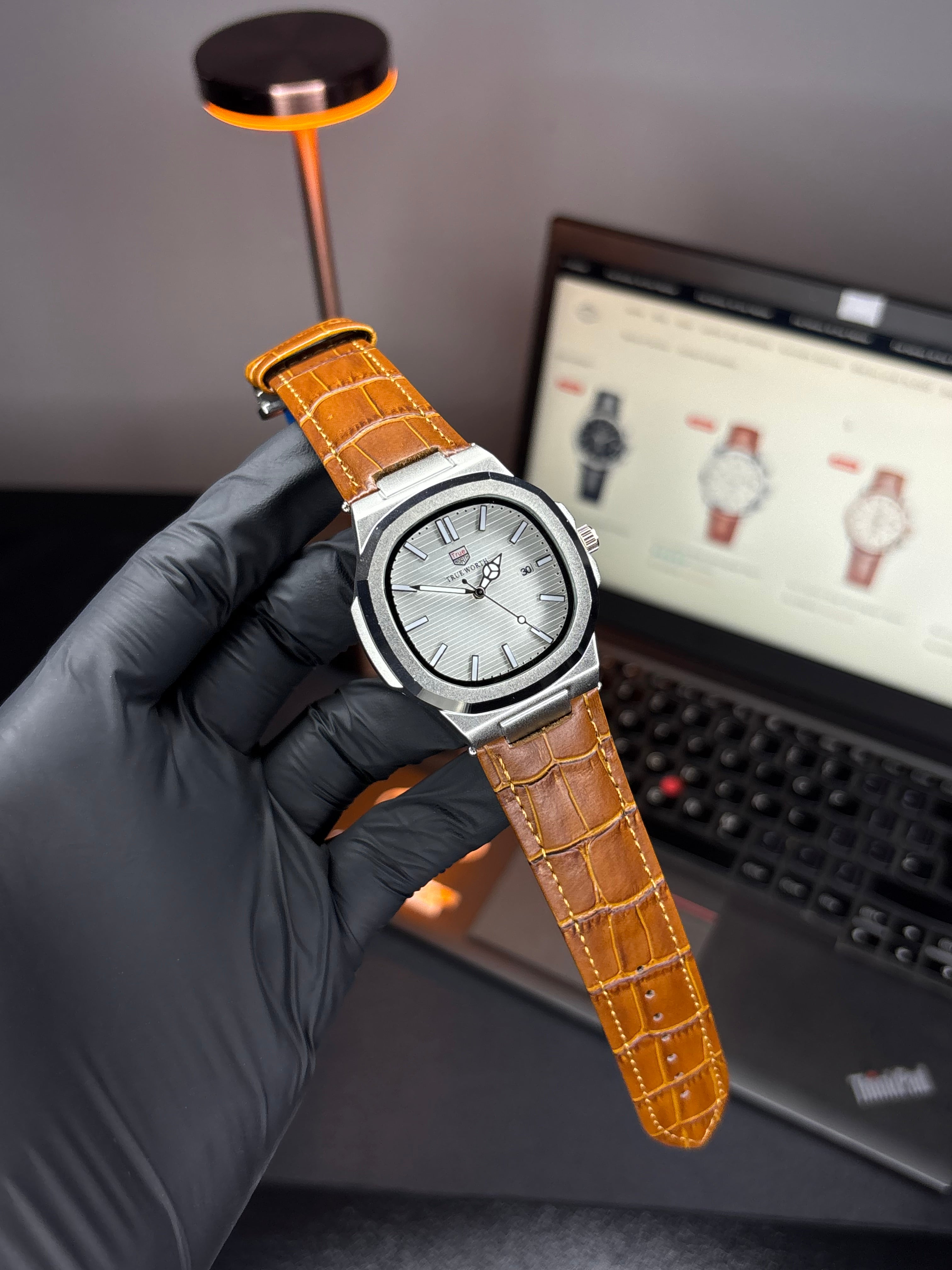 True Worth Nautilus Leather Strap Watch