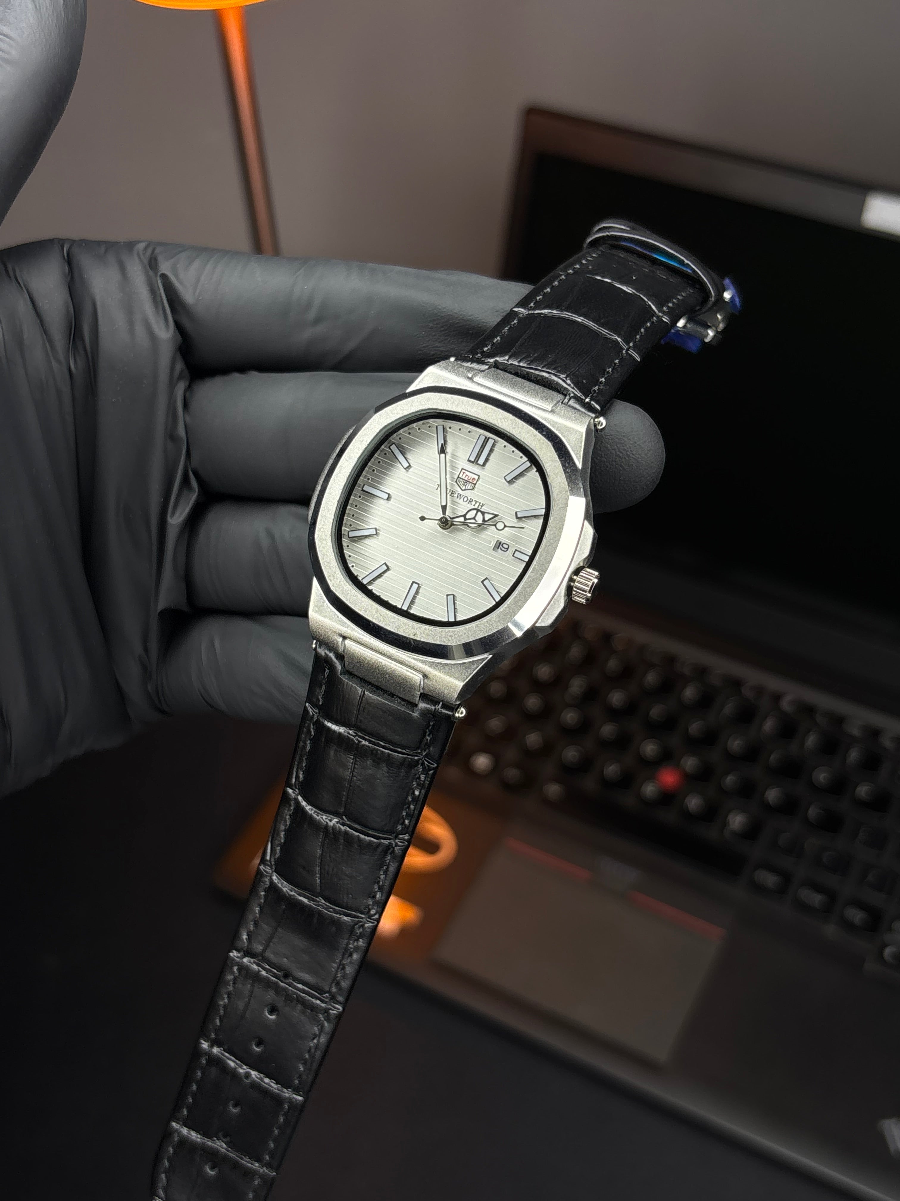 True Worth Nautilus Leather Strap Watch