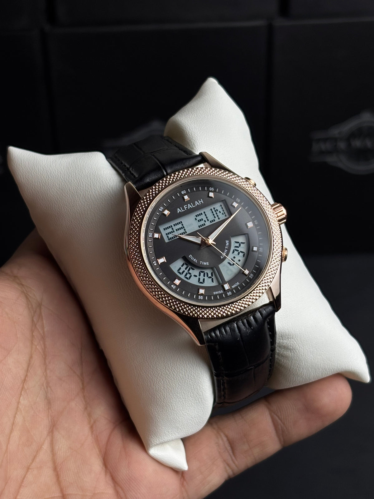 Al Falah Dual Time Leather Strap Watch