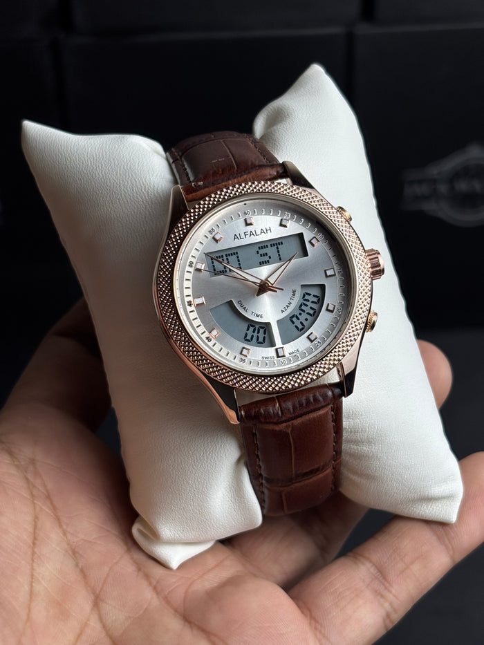 Al Falah Dual Time Leather Strap Watch