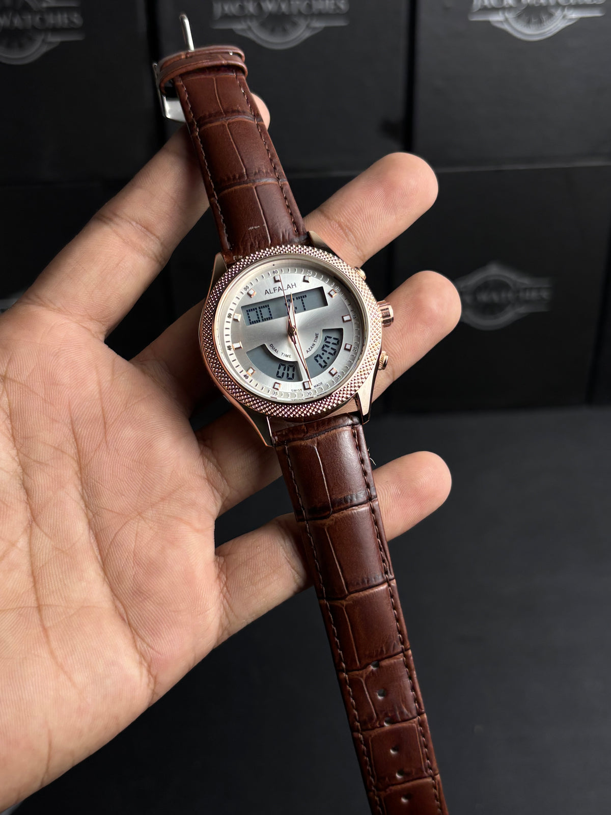 Al Falah Dual Time Leather Strap Watch