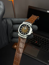 True Worth Nautilus Leather Strap Watch