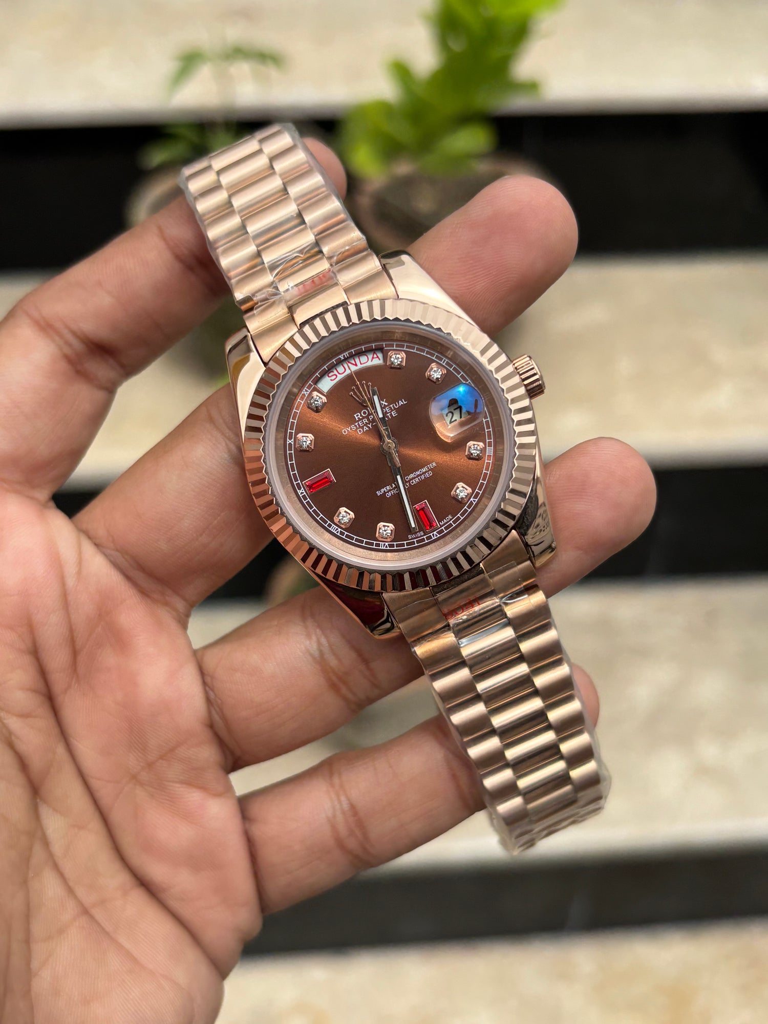 RLX Day-Date Automatic Rose Gold - Chocolate Diamond Dial