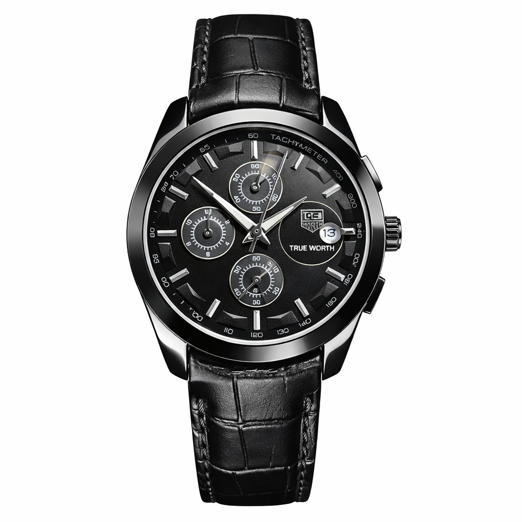 True Worth Original Chronograph Leather Strap Watch - Full Black – JACK ...