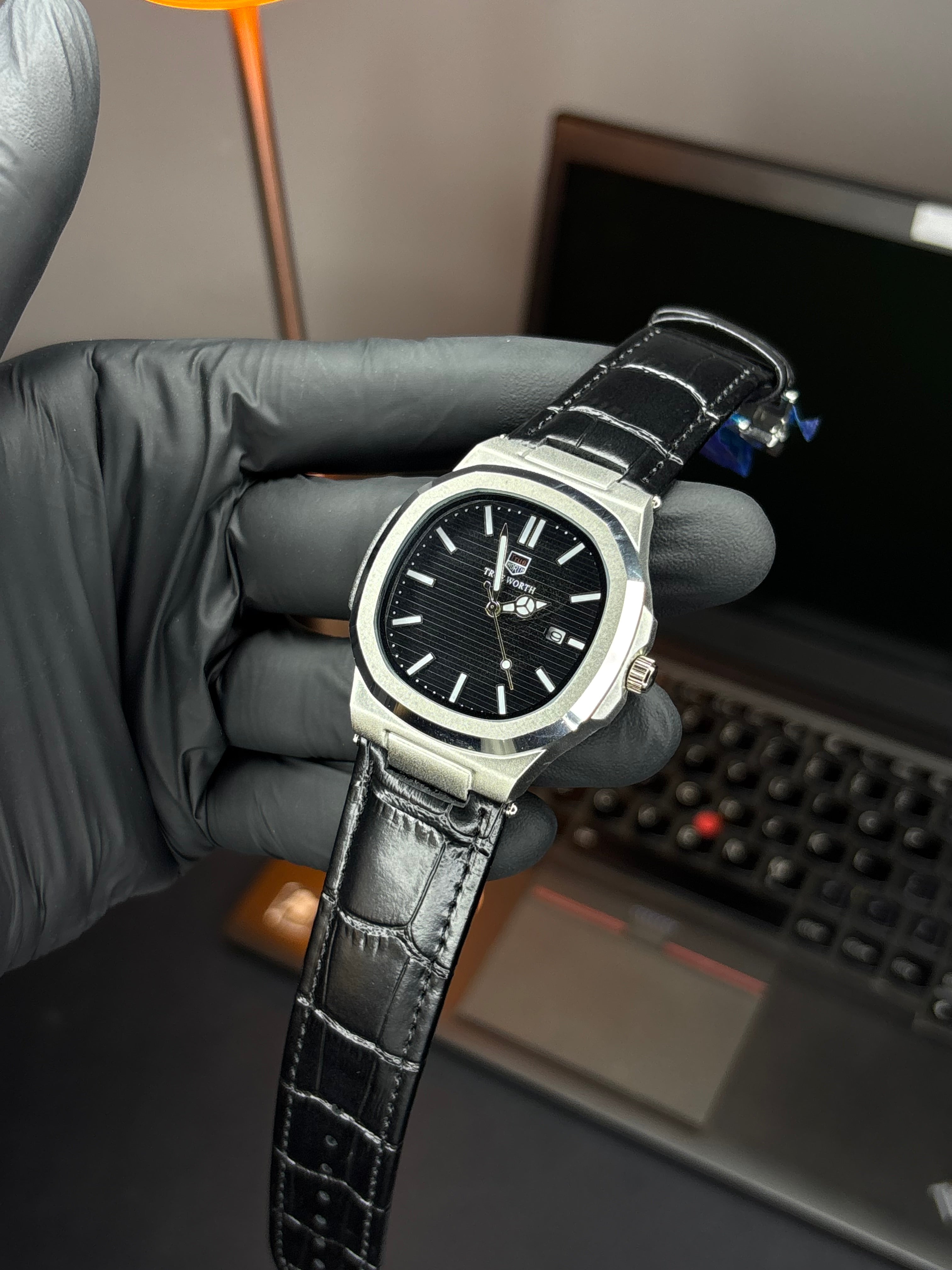 True Worth Nautilus Leather Strap Watch