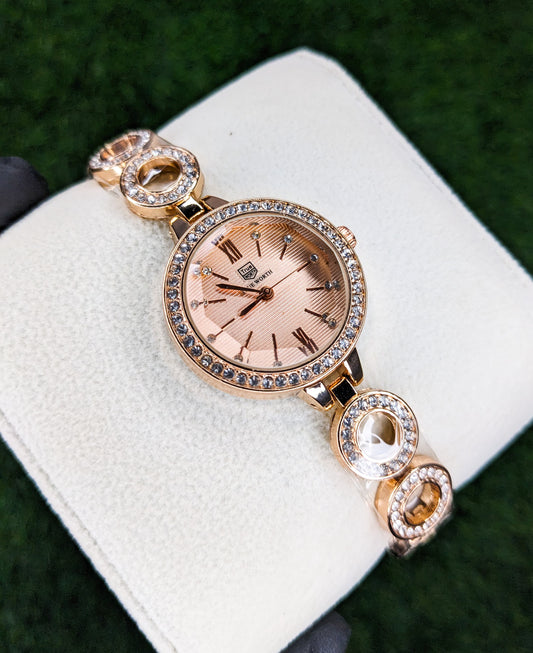 Rose Gold Stoned Watch For Women - Pink Dial