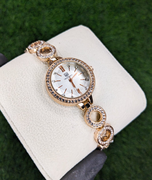 Rose Gold Stoned Watch For Women - White Dial