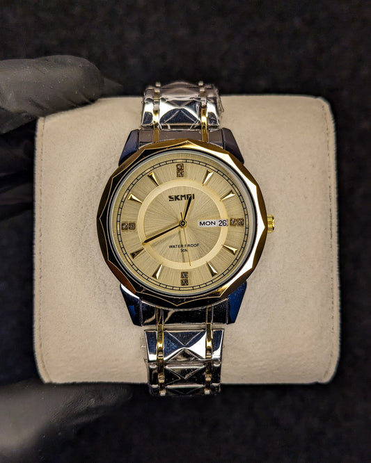 Skmei Diamond Cut Style Day & Date - Two Tone - Golden Dial