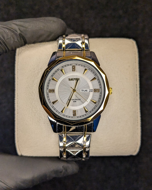 Skmei Diamond Cut Style Day & Date - Two Tone - White Dial