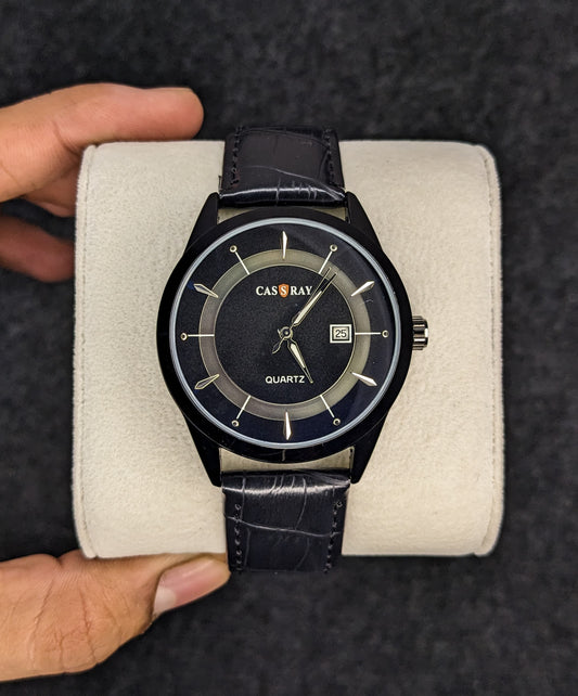 Cassray Black Leather Strap Watch - Black Dial 2