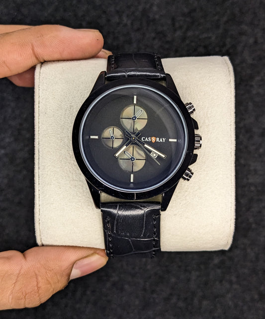 Cassray Black Leather Strap Watch - Black Chrono Style 2