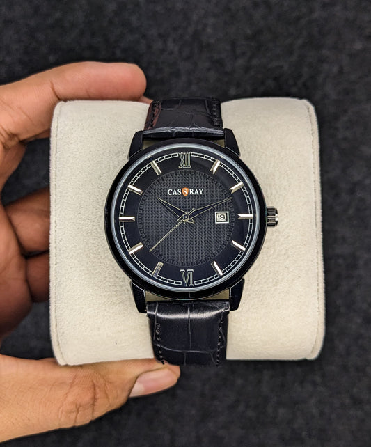 Cassray Black Leather Strap Watch - Black Dial 1