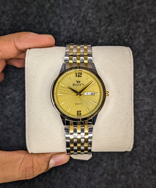 Rizen Two Tone Day & Date Watch - Golden Dial