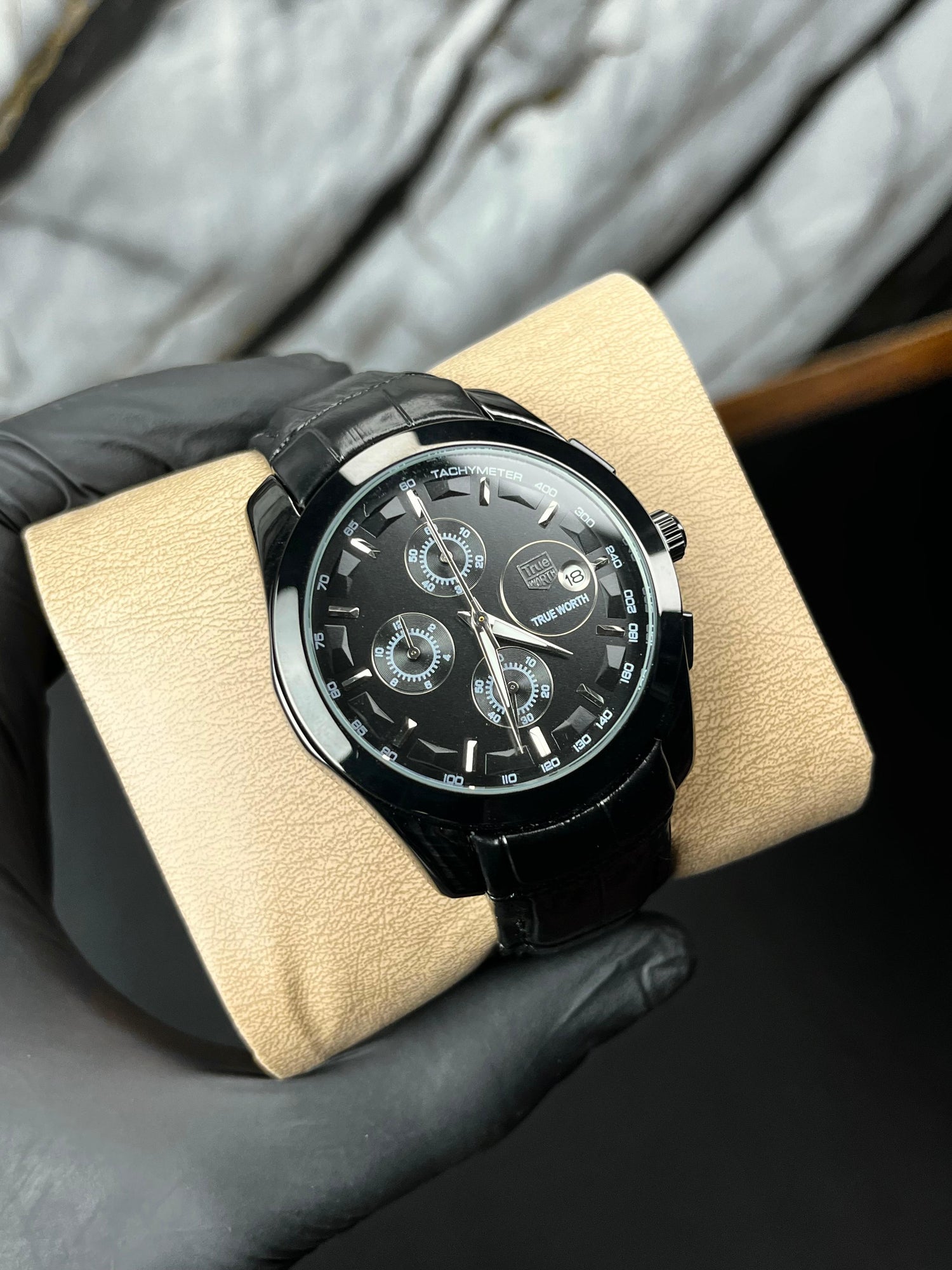True Worth Original Chronograph Leather Strap Watch - Full Black