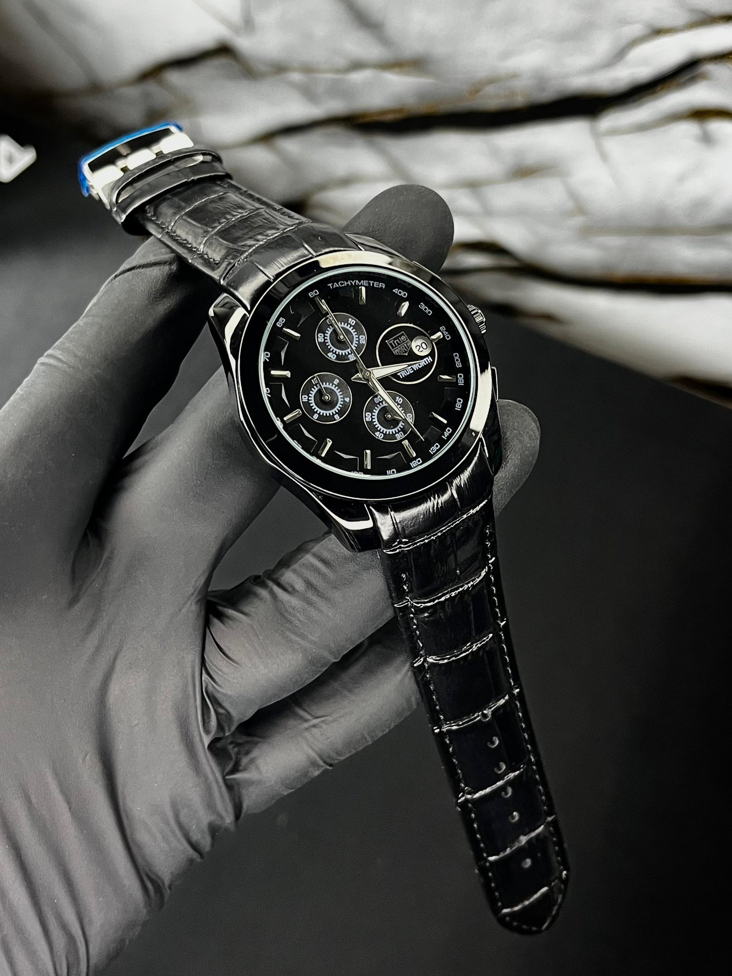 True Worth Original Chronograph Leather Strap Watch - Full Black