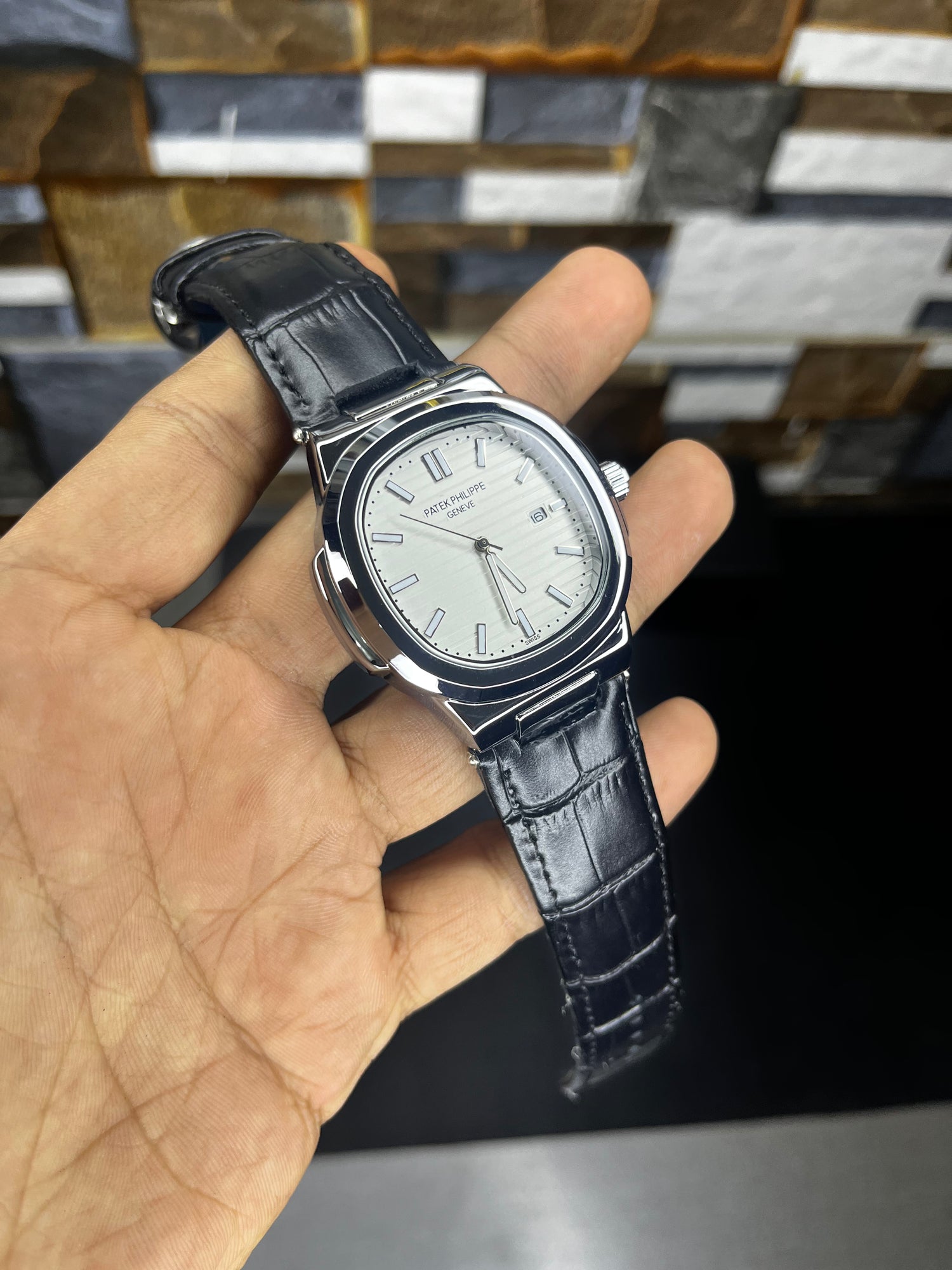 Patek Nautilus Leather Strap Master Lock - Black-White