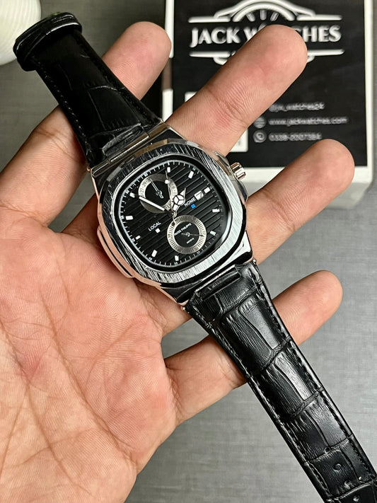 Nautilus Style Leather Strap Watch