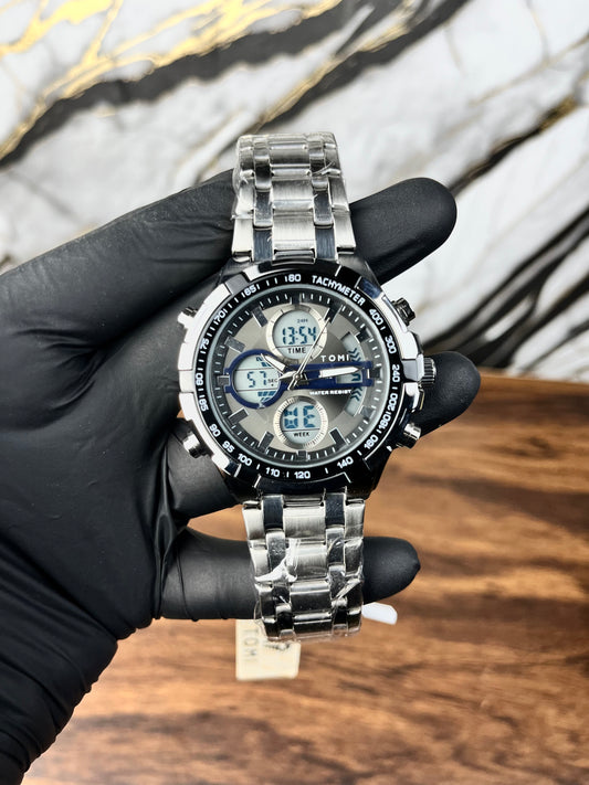 TOMI Dual Display Stainless Steel Watch – Analog + Digital