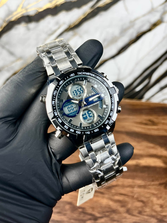 TOMI Dual Display Stainless Steel Watch – Analog + Digital