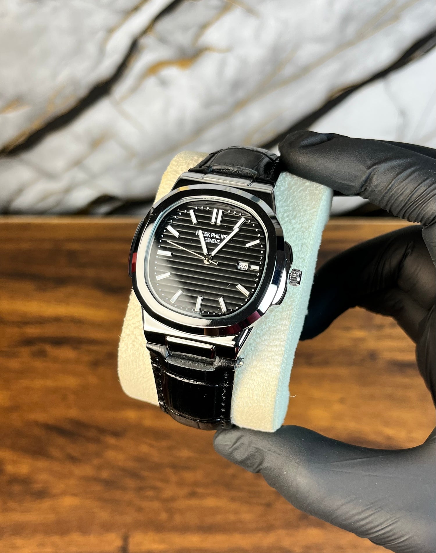 Patek Nautilus Leather Strap Master Lock - Black
