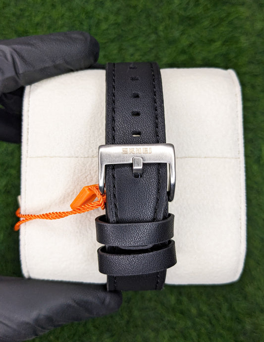 Dual Time Watch with Silver Dial and Leather Straps (Digital & Analog)