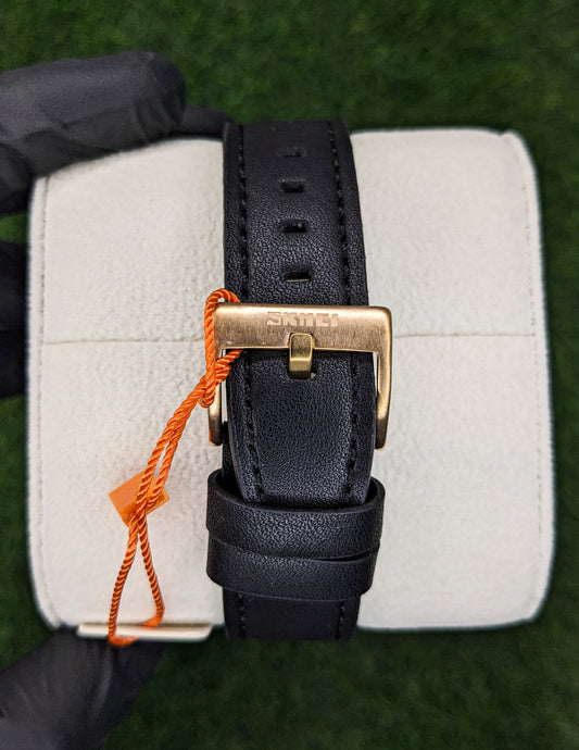 Dual Time Watch with Golden Dial and Leather Straps (Digital & Analog)