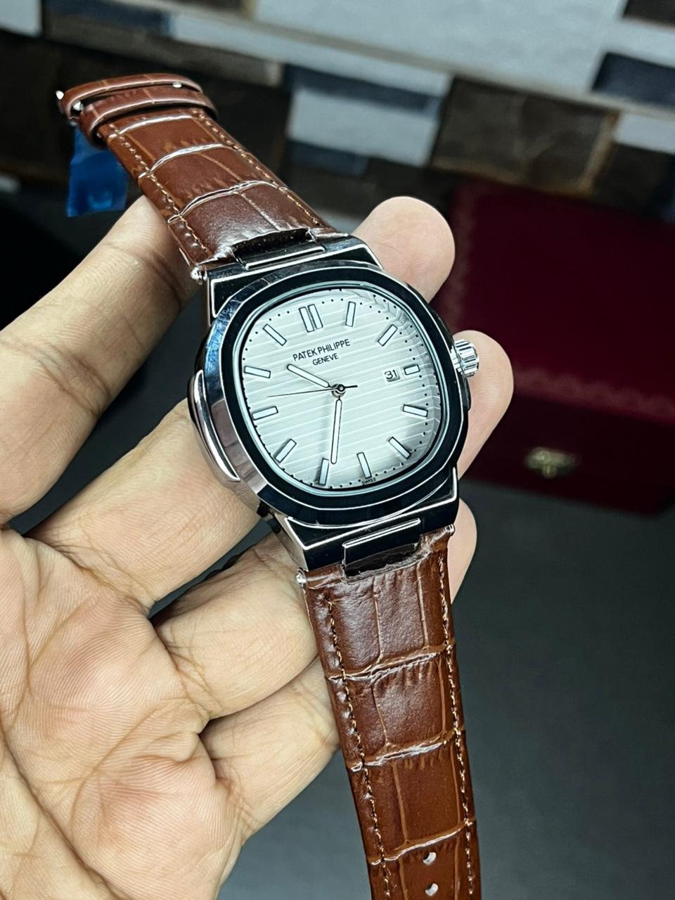 Patek Nautilus Leather Strap Master Lock - Brown-White