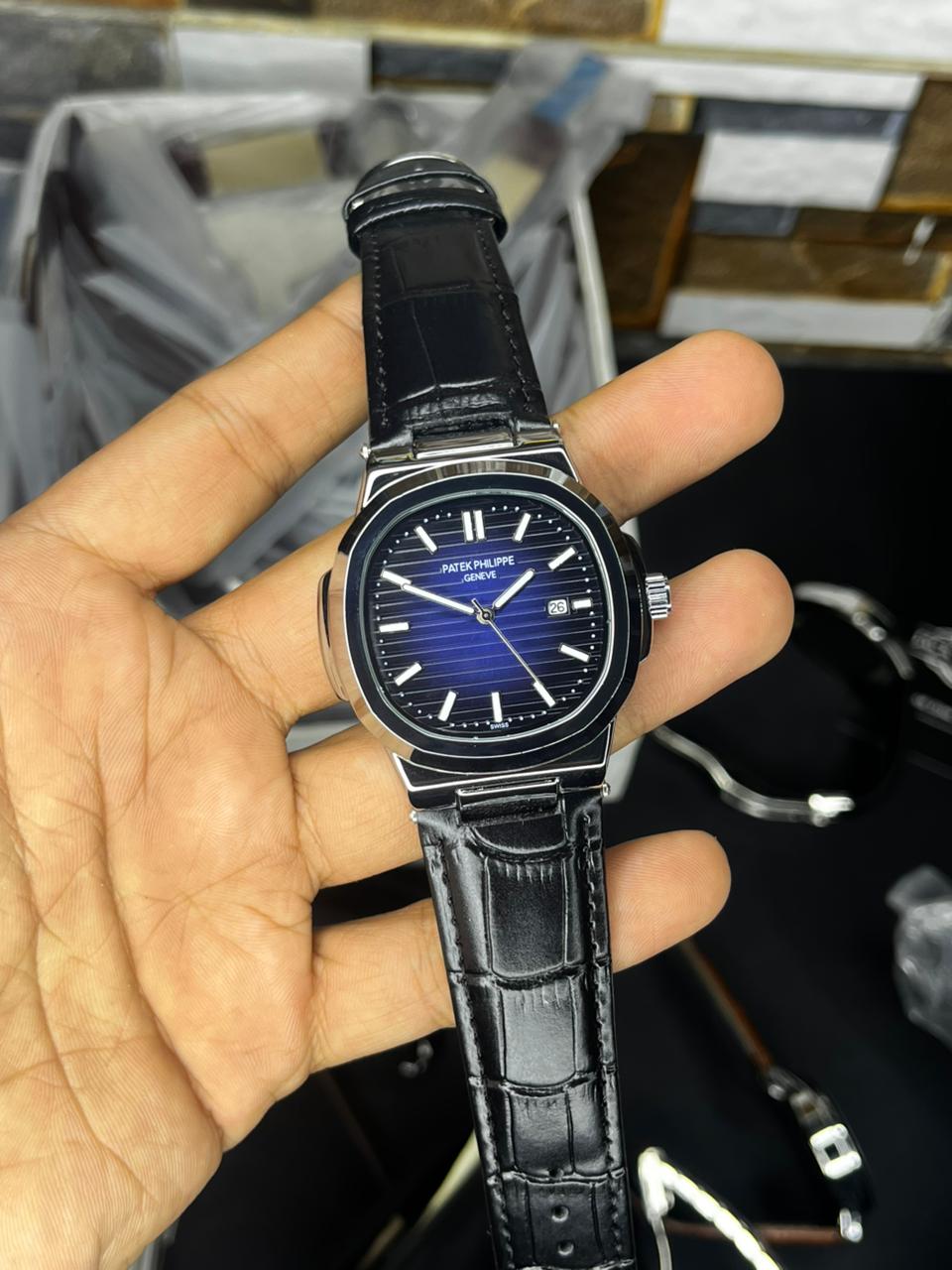 Patek Nautilus Leather Strap Master Lock - Black Blue