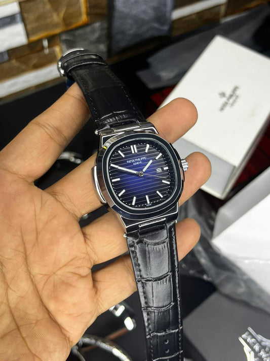 Patek Nautilus Leather Strap Master Lock - Black Blue