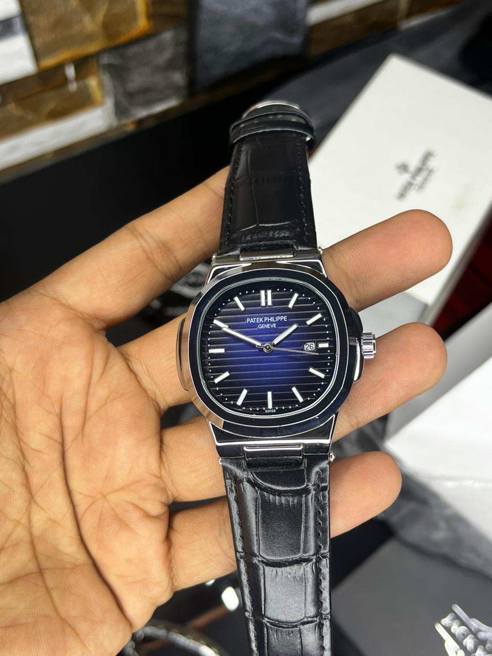 Patek Nautilus Leather Strap Master Lock - Black Blue